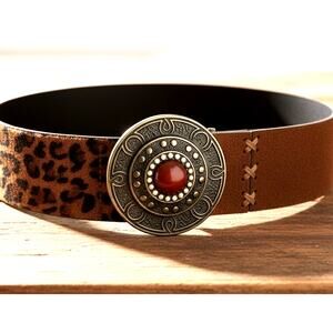 VTG Albatros Leopard Leather Belt M Boho Western Concho Jeweled Buckle Italy
